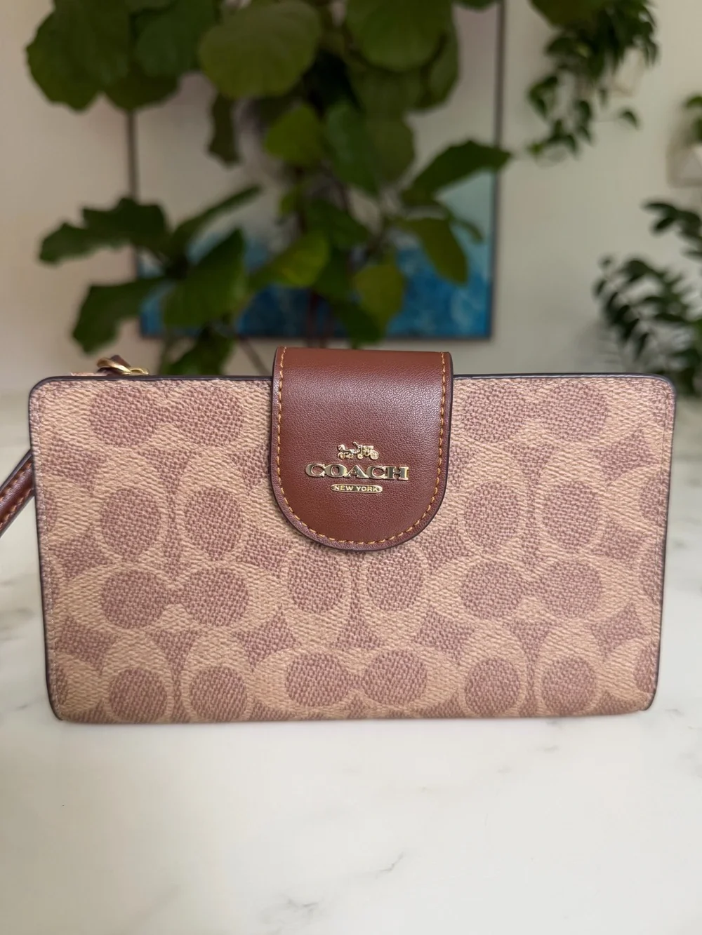 Coach Phone Wallet In Signature Canvas CW780 Gold Tan Brown Tech ID Wristlet